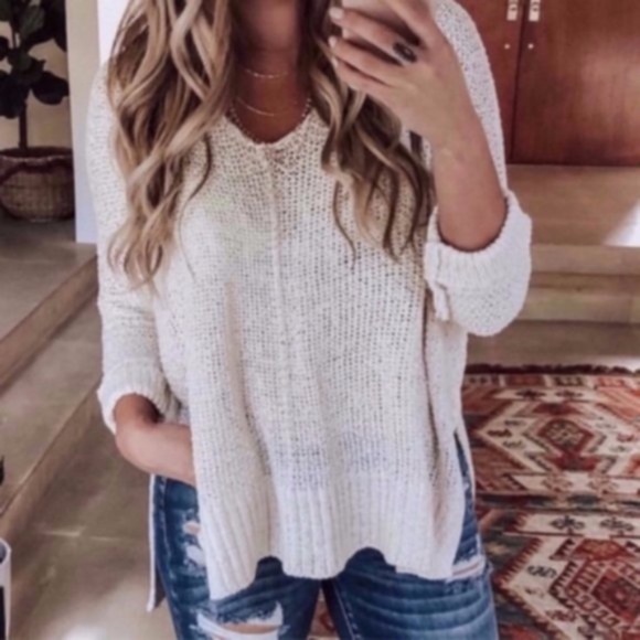 Bellanblue Sweaters - Cozy Cream V neck Side Slit Knit Sweater Top